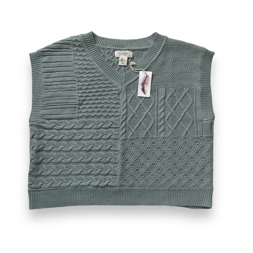 Jessica Simpson Vest Womens Large Green Sleeveless Cable Knit Sweater NWT